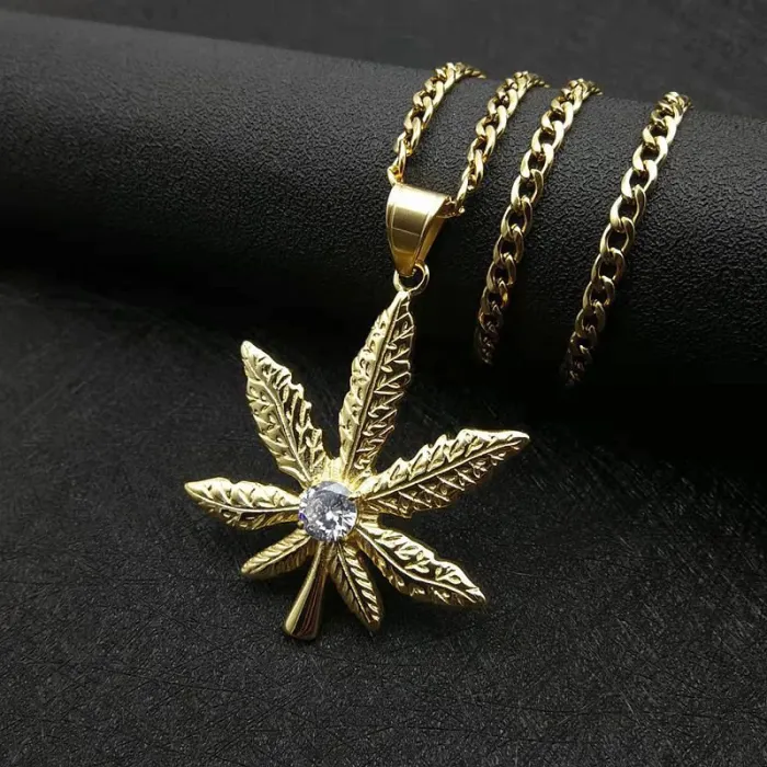 Wholesale Maple Leaf Pendant Necklace | Stainless Steel Gold Plated 9mm CZ Bulk Supplier & Factory Price
