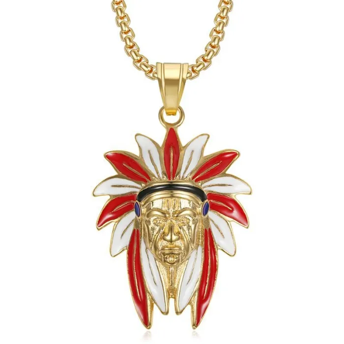 Wholesale Hip Hop Indian Chief Pendant Necklace | Titanium Steel Gold Plated Enamel Bulk Supplier & Factory Price