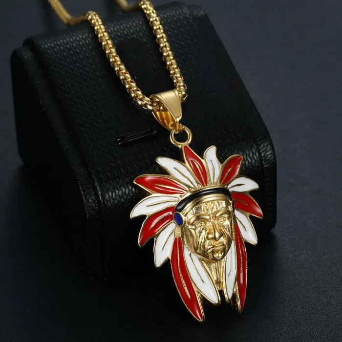Wholesale Hip Hop Indian Chief Pendant Necklace | Titanium Steel Gold Plated Enamel Bulk Supplier & Factory Price