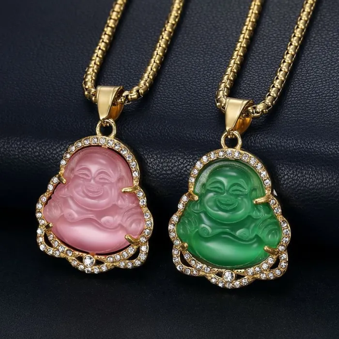 Wholesale Laughing Buddha Pendant Necklace | Stainless Steel CZ Cat Eye Chalcedony Couples Bulk Supplier & Factory Price
