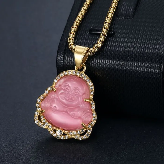 Wholesale Laughing Buddha Pendant Necklace | Stainless Steel CZ Cat Eye Chalcedony Couples Bulk Supplier & Factory Price