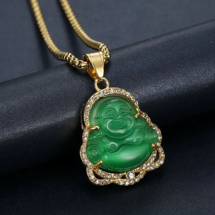 Wholesale Laughing Buddha Pendant Necklace | Stainless Steel CZ Cat Eye Chalcedony Couples Bulk Supplier & Factory Price
