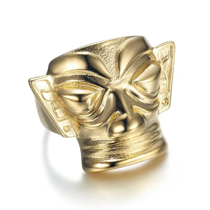 Wholesale Sanxingdui Mask Ring | Titanium Steel Gold Plated Vintage Men's Bulk Supplier & Factory Price