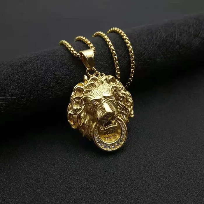 Wholesale Hip Hop Lion Head Pendant Necklace | Stainless Steel Gold Plated CZ Bulk Supplier & Factory Price
