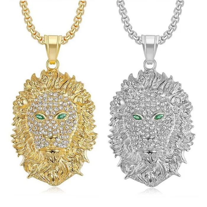 Wholesale Hip Hop Green Eye Lion Head Pendant Necklace | Stainless Steel Gold Plated CZ Bulk Supplier & Factory Price