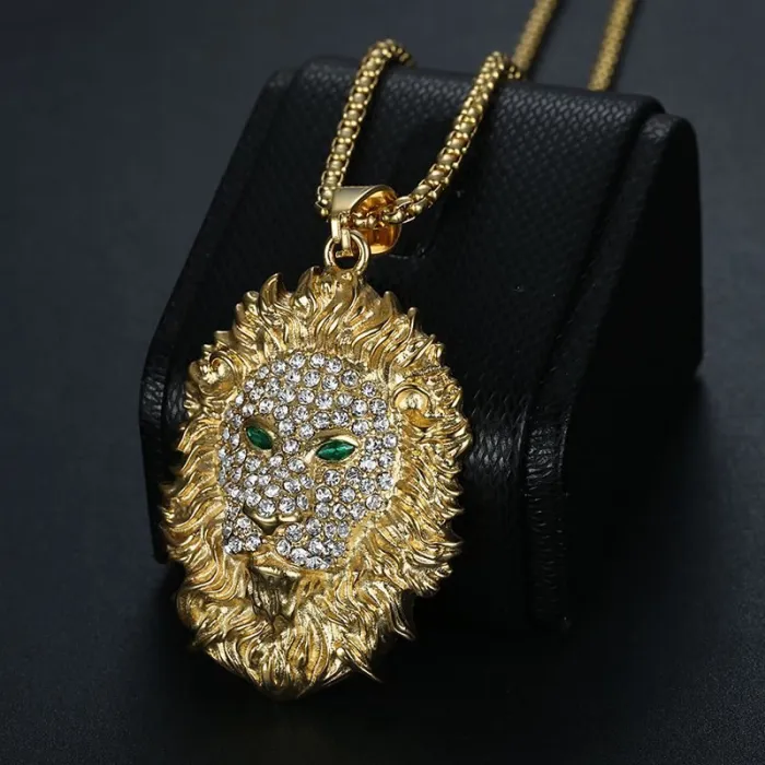 Wholesale Hip Hop Green Eye Lion Head Pendant Necklace | Stainless Steel Gold Plated CZ Bulk Supplier & Factory Price