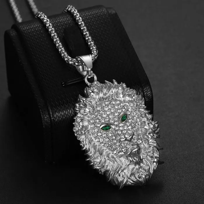 Wholesale Hip Hop Green Eye Lion Head Pendant Necklace | Stainless Steel Gold Plated CZ Bulk Supplier & Factory Price