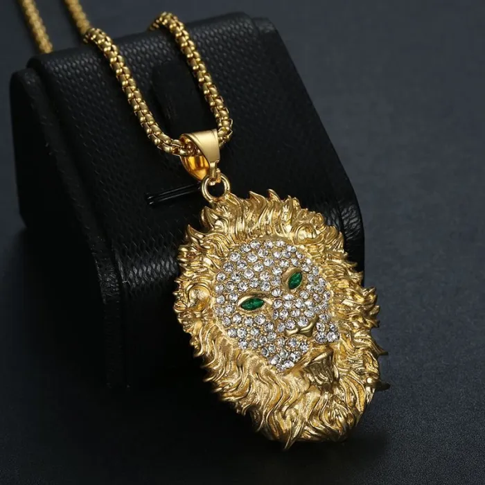 Wholesale Hip Hop Green Eye Lion Head Pendant Necklace | Stainless Steel Gold Plated CZ Bulk Supplier & Factory Price
