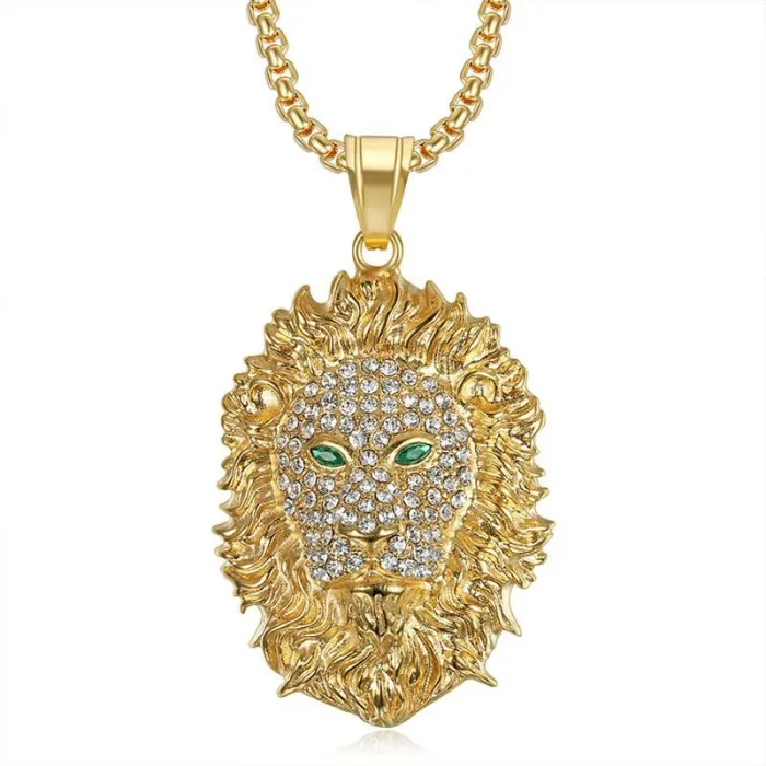 Wholesale Hip Hop Green Eye Lion Head Pendant Necklace | Stainless Steel Gold Plated CZ Bulk Supplier & Factory Price
