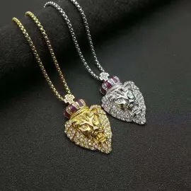 Wholesale Hip Hop Crown Lion Head Pendant Necklace | Stainless Steel Gold Plated CZ Bulk Supplier & Factory Price - Jewelryto