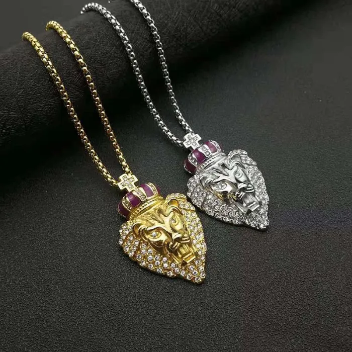 Wholesale Hip Hop Crown Lion Head Pendant Necklace | Stainless Steel Gold Plated CZ Bulk Supplier & Factory Price