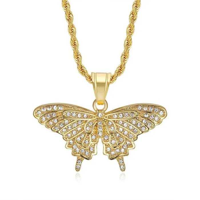 Wholesale Hip Hop Butterfly Pendant Necklace | Stainless Steel Gold Plated CZ Moth Style Bulk Supplier & Factory Price