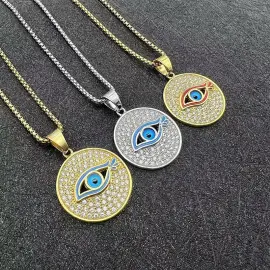Wholesale Hip Hop Blue Eye Round Medallion Pendant Necklace | Stainless Steel Gold Plated CZ Bulk Supplier & Factory Price - Jewelryto