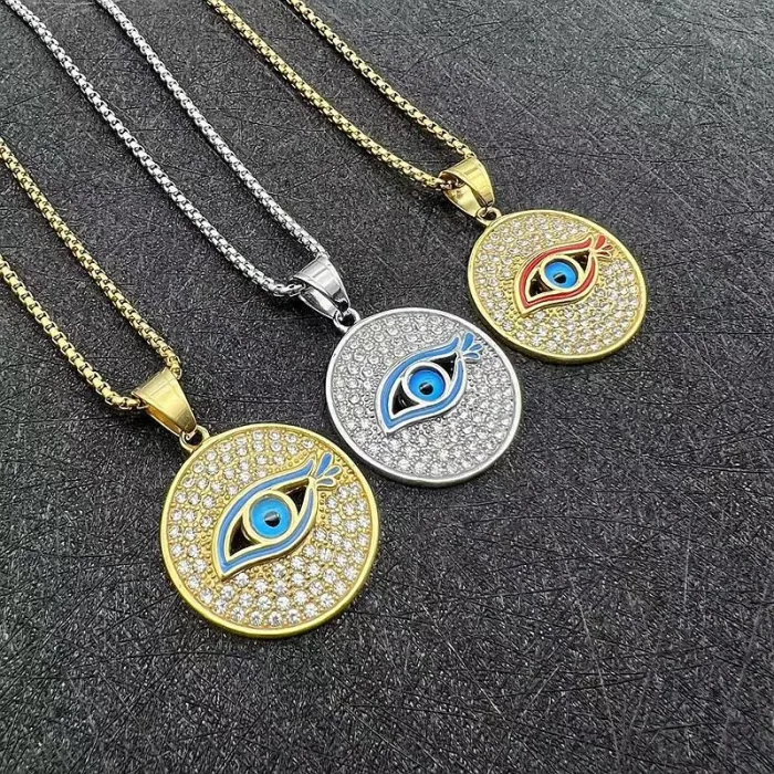 Wholesale Hip Hop Blue Eye Round Medallion Pendant Necklace | Stainless Steel Gold Plated CZ Bulk Supplier & Factory Price