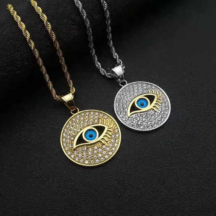 Wholesale Hip Hop Blue Eye Medallion Pendant Necklace | Stainless Steel Gold Plated CZ Bulk Supplier & Factory Price