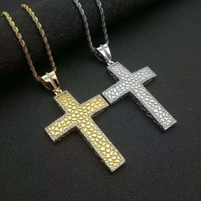 Wholesale Hip Hop Cross Pendant Necklace | Stainless Steel Gold Plated CZ Religious Bulk Supplier & Factory Price