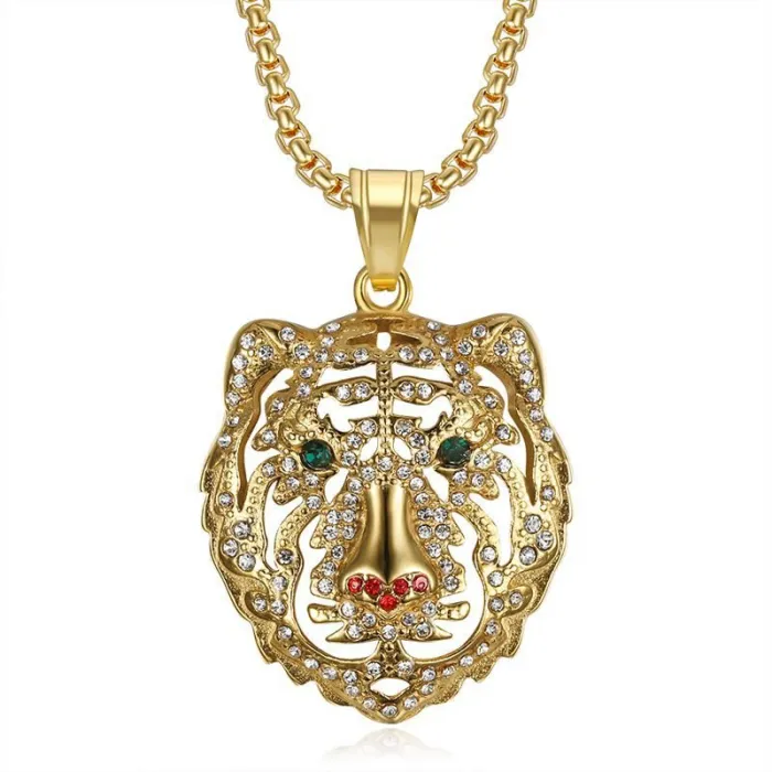 Wholesale Hip Hop Tiger Head Pendant Necklace | Stainless Steel Gold Plated Multi-Color CZ Bulk Supplier & Factory Price