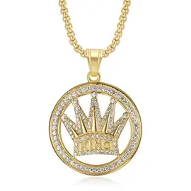 Wholesale Hip Hop KING Crown Medallion Pendant Necklace | Stainless Steel Gold Plated CZ Bulk Supplier & Factory Price - Jewelryto