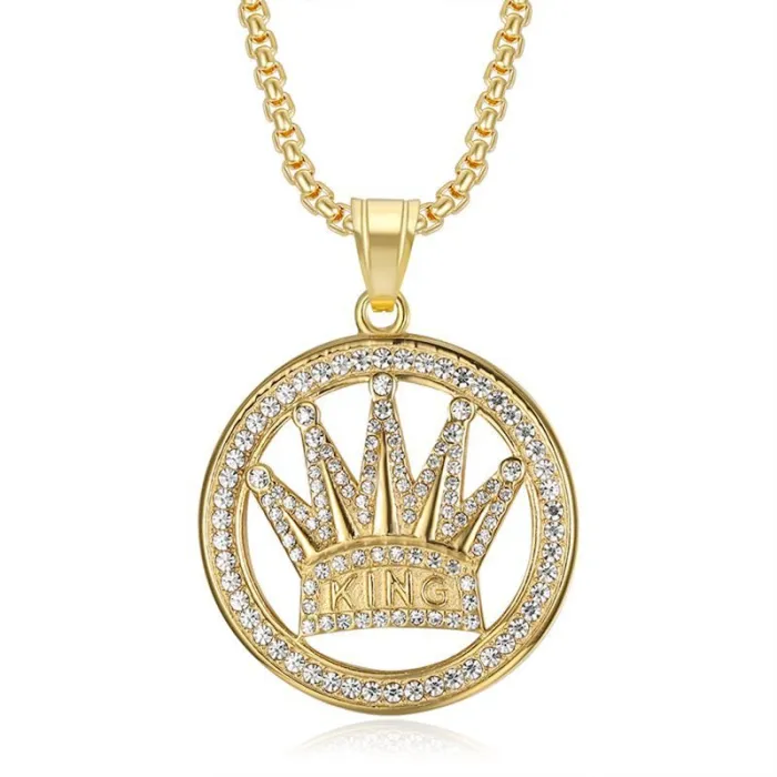 Wholesale Hip Hop KING Crown Medallion Pendant Necklace | Stainless Steel Gold Plated CZ Bulk Supplier & Factory Price