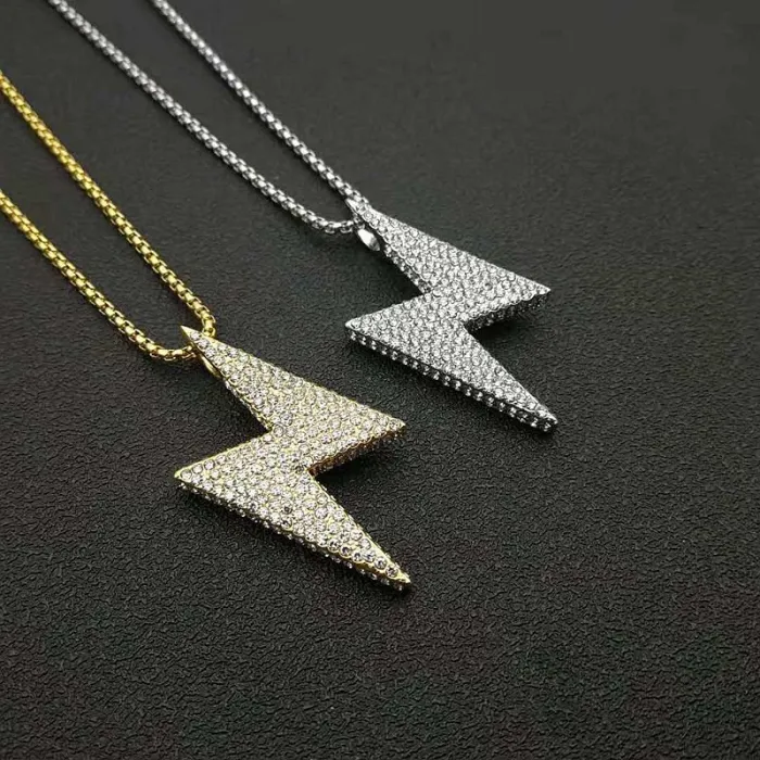 Wholesale Hip Hop Lightning Pendant Necklace | Titanium Steel Gold Plated Full CZ Couples Bulk Supplier & Factory Price