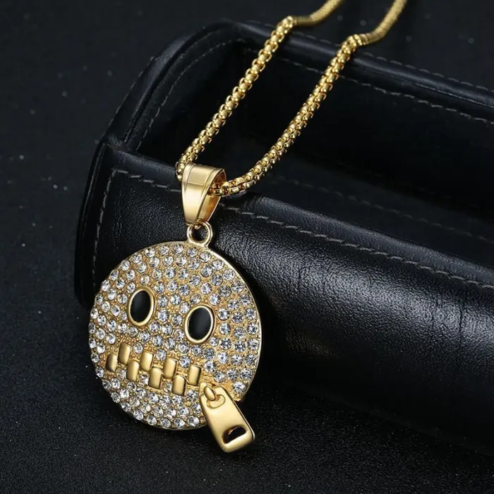 Wholesale "Shut Up" Emoji Pendant – Bulk Gold-Plated Stainless Steel Hip Hop Necklace with CZ at Factory Price