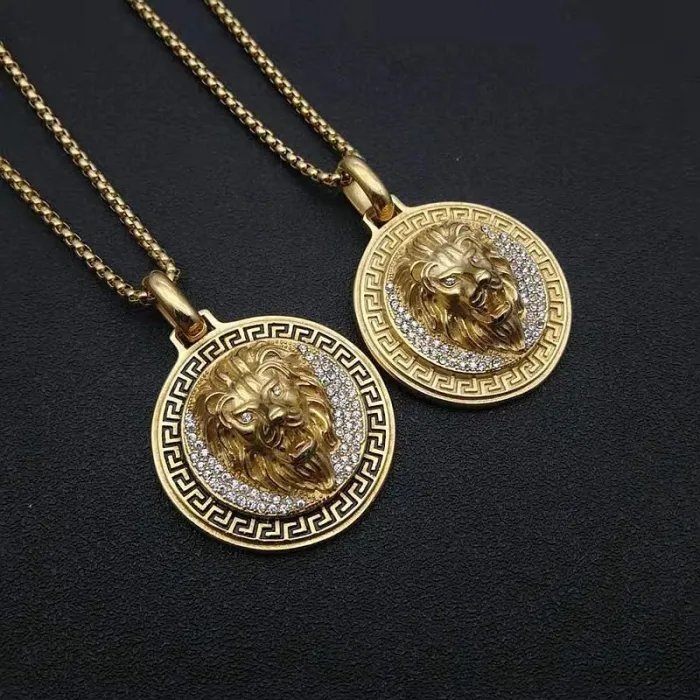 Wholesale Lion Head Pendant Necklace – Bulk Gold-Plated Titanium Steel Hip Hop Round Medallion with CZ at Factory Price