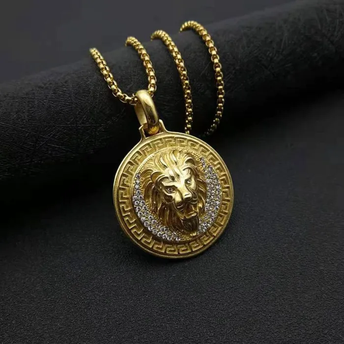 Wholesale Lion Head Pendant Necklace – Bulk Gold-Plated Titanium Steel Hip Hop Round Medallion with CZ at Factory Price