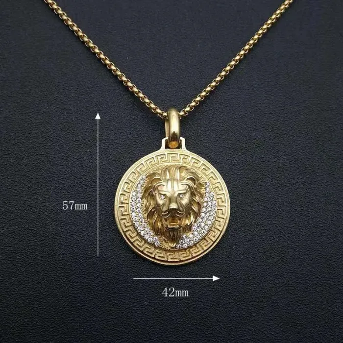 Wholesale Lion Head Pendant Necklace – Bulk Gold-Plated Titanium Steel Hip Hop Round Medallion with CZ at Factory Price