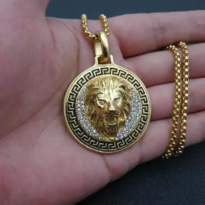 Wholesale Lion Head Pendant Necklace – Bulk Gold-Plated Titanium Steel Hip Hop Round Medallion with CZ at Factory Price
