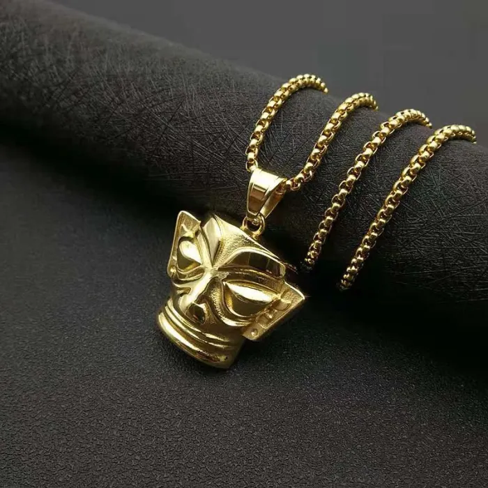 Wholesale Golden Mask Pendant – Bulk Vacuum Gold-Plated Stainless Steel Hip Hop Necklace with Tribal Style at Factory Price
