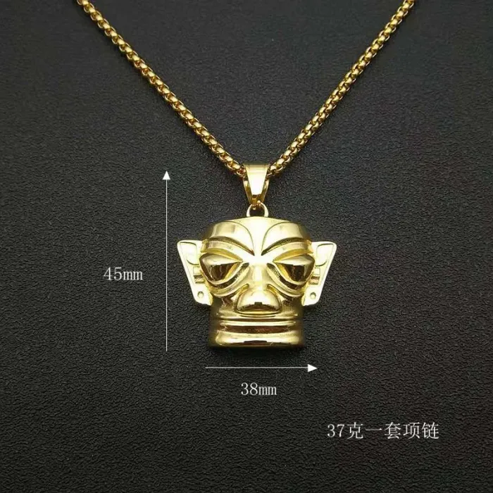 Wholesale Golden Mask Pendant – Bulk Vacuum Gold-Plated Stainless Steel Hip Hop Necklace with Tribal Style at Factory Price