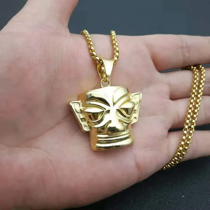Wholesale Golden Mask Pendant – Bulk Vacuum Gold-Plated Stainless Steel Hip Hop Necklace with Tribal Style at Factory Price