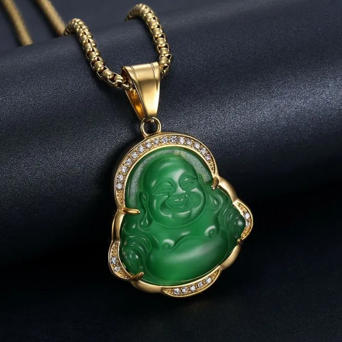 Wholesale Maitreya Buddha Pendant – Bulk Gold-Plated Stainless Steel Necklace with Cat’s Eye Chalcedony at Factory Price