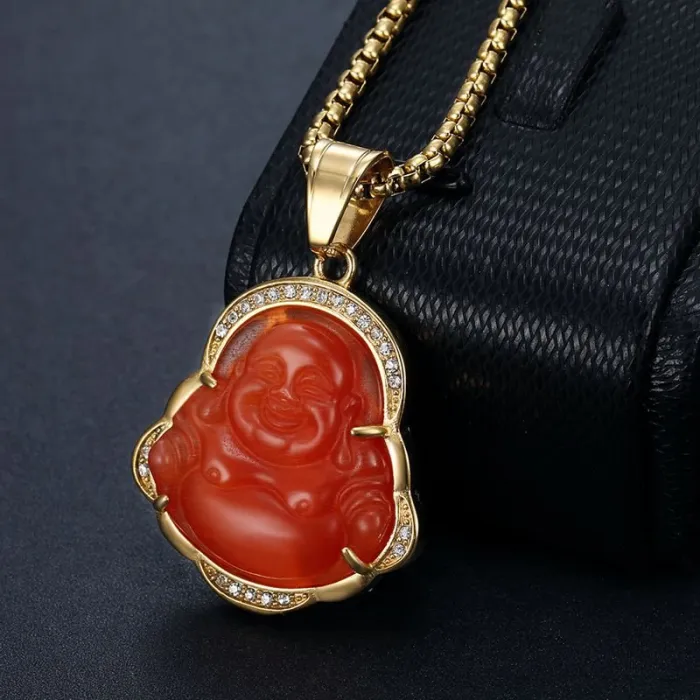 Wholesale Maitreya Buddha Pendant – Bulk Gold-Plated Stainless Steel Necklace with Cat’s Eye Chalcedony at Factory Price
