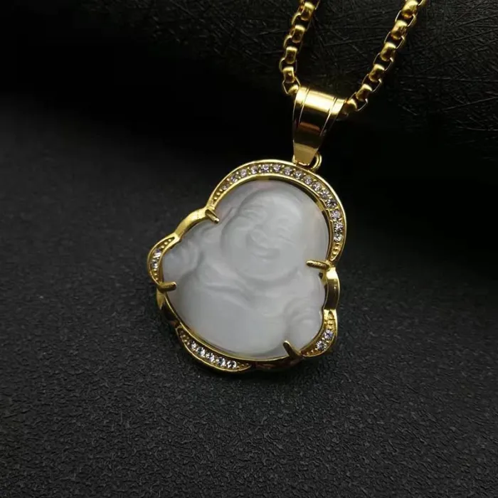 Wholesale Maitreya Buddha Pendant – Bulk Gold-Plated Stainless Steel Necklace with Cat’s Eye Chalcedony at Factory Price