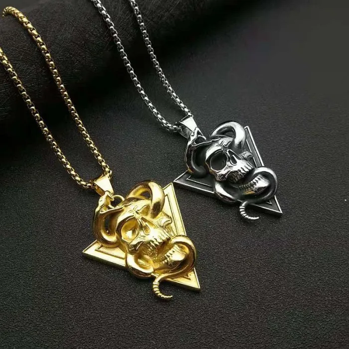 Wholesale Skull and Snake Pendant – Bulk Polished Titanium Steel Punk Necklace for Men at Factory Price