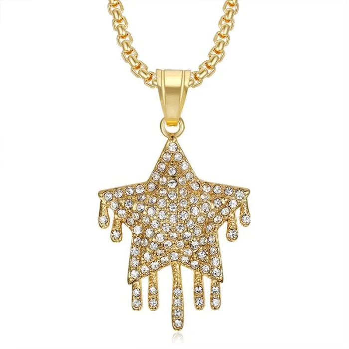 Wholesale Five-Point Star Pendant – Bulk Full CZ Stainless Steel Hip Hop Teardrop Necklace for Men & Women at Factory Price