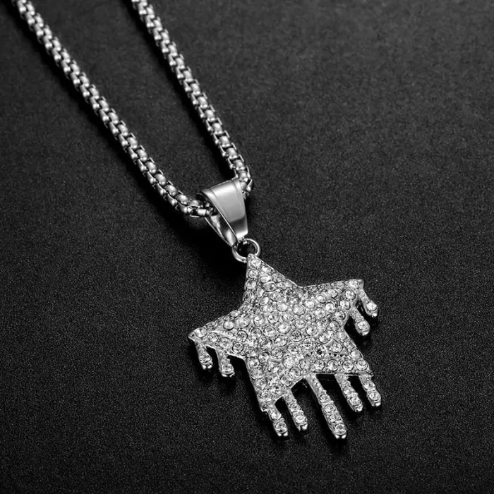 Wholesale Five-Point Star Pendant – Bulk Full CZ Stainless Steel Hip Hop Teardrop Necklace for Men & Women at Factory Price