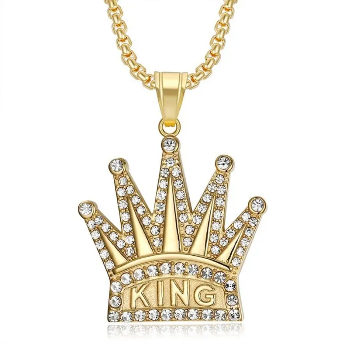 Wholesale KING Crown Pendant Necklace – Bulk Gold-Plated Stainless Steel Hip Hop Jewelry with CZ at Factory Price