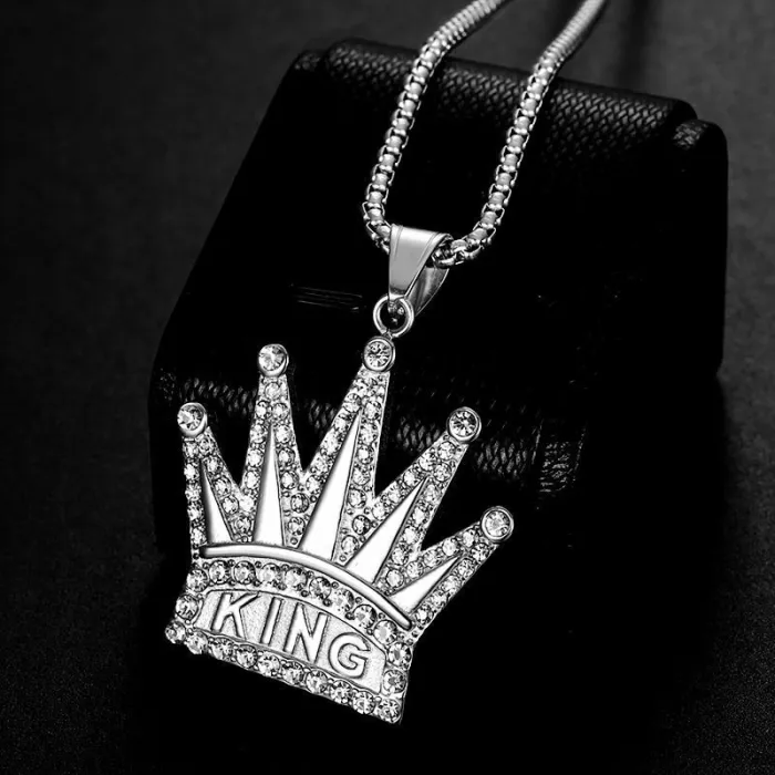 Wholesale KING Crown Pendant Necklace – Bulk Gold-Plated Stainless Steel Hip Hop Jewelry with CZ at Factory Price