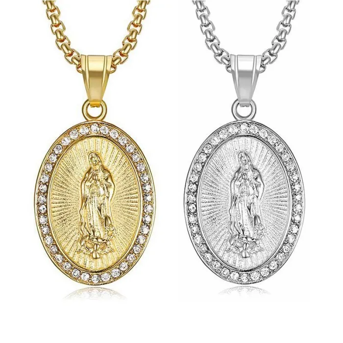 Wholesale Virgin Mary Pendant Necklace – Bulk Gold-Plated Stainless Steel Hip Hop Jewelry at Factory Price