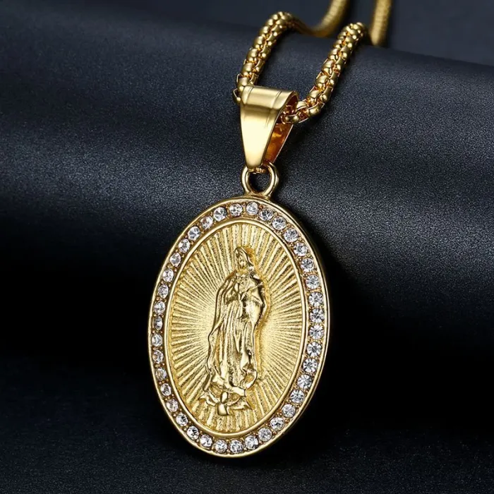 Wholesale Virgin Mary Pendant Necklace – Bulk Gold-Plated Stainless Steel Hip Hop Jewelry at Factory Price