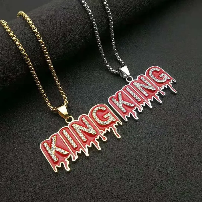 Wholesale KING Letter Pendant – Bulk Gold-Plated Stainless Steel Hip Hop Necklace with CZ and Red Enamel at Factory Price