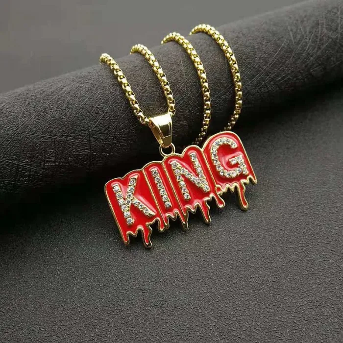 Wholesale KING Letter Pendant – Bulk Gold-Plated Stainless Steel Hip Hop Necklace with CZ and Red Enamel at Factory Price