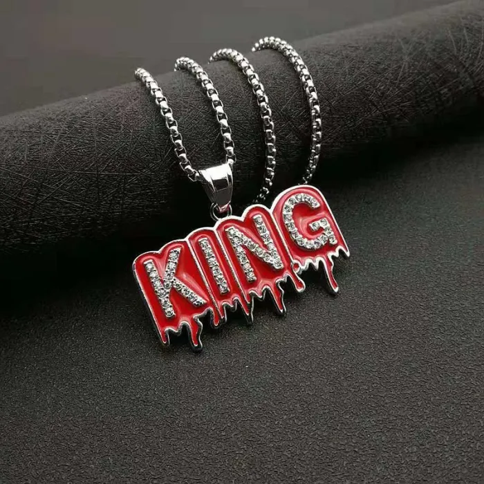 Wholesale KING Letter Pendant – Bulk Gold-Plated Stainless Steel Hip Hop Necklace with CZ and Red Enamel at Factory Price