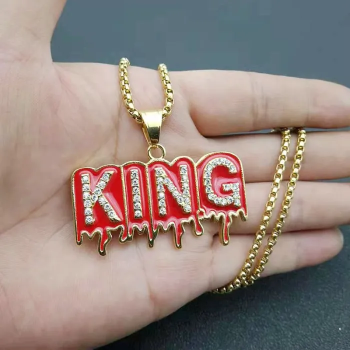 Wholesale KING Letter Pendant – Bulk Gold-Plated Stainless Steel Hip Hop Necklace with CZ and Red Enamel at Factory Price