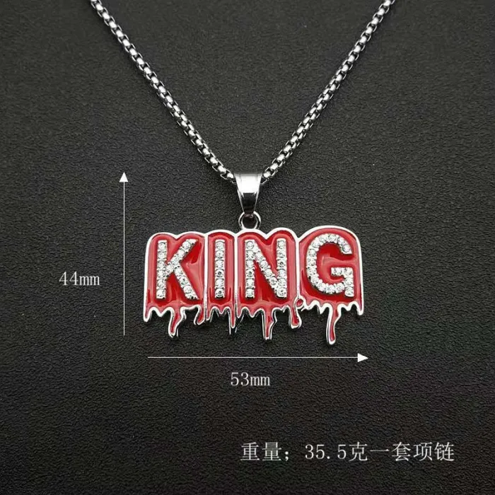 Wholesale KING Letter Pendant – Bulk Gold-Plated Stainless Steel Hip Hop Necklace with CZ and Red Enamel at Factory Price