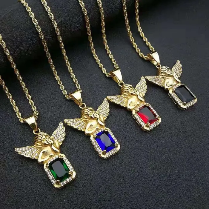 Wholesale Hip Hop Angel Pendant Necklace | Titanium Steel Gold Plated Multi-Color Gem Bulk Supplier & Factory Price