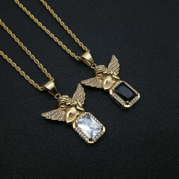 Wholesale Hip Hop Angel Pendant Necklace | Titanium Steel Gold Plated Multi-Color Gem Bulk Supplier & Factory Price