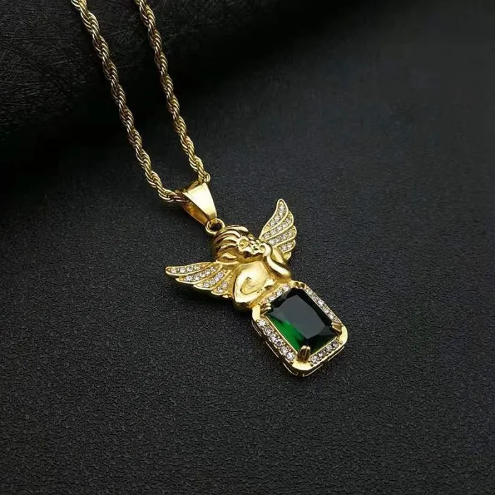Wholesale Hip Hop Angel Pendant Necklace | Titanium Steel Gold Plated Multi-Color Gem Bulk Supplier & Factory Price